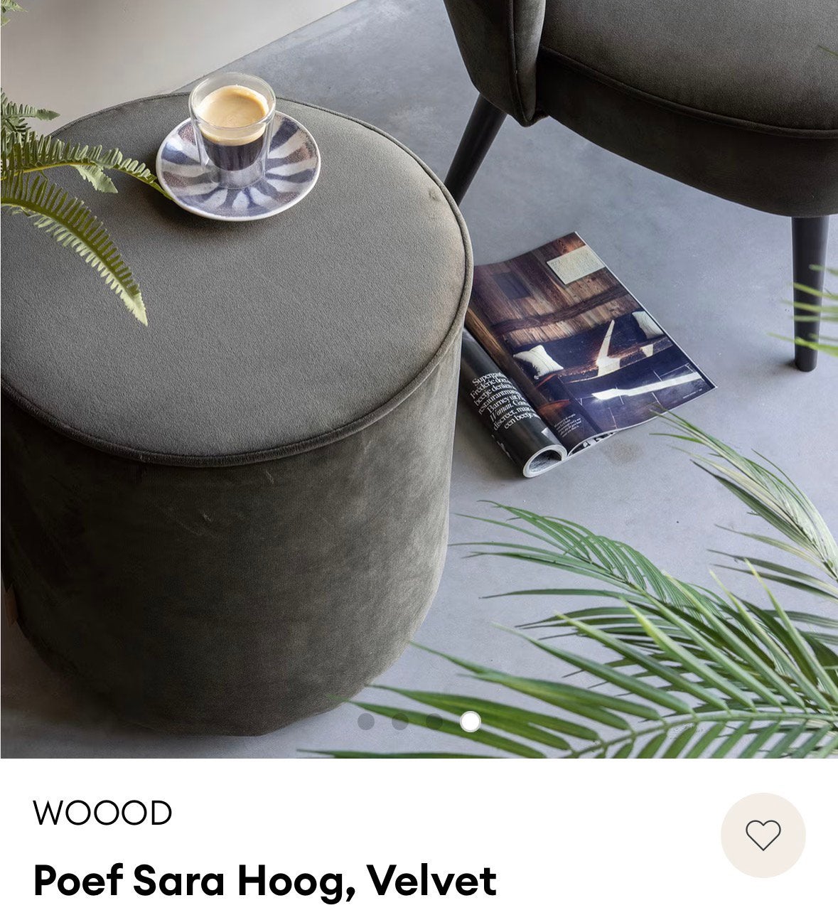 Poef Sara Woood Velvet Groen mosgroen, Ophalen, Zo goed als nieuw, Rond, Minder dan 50 cm