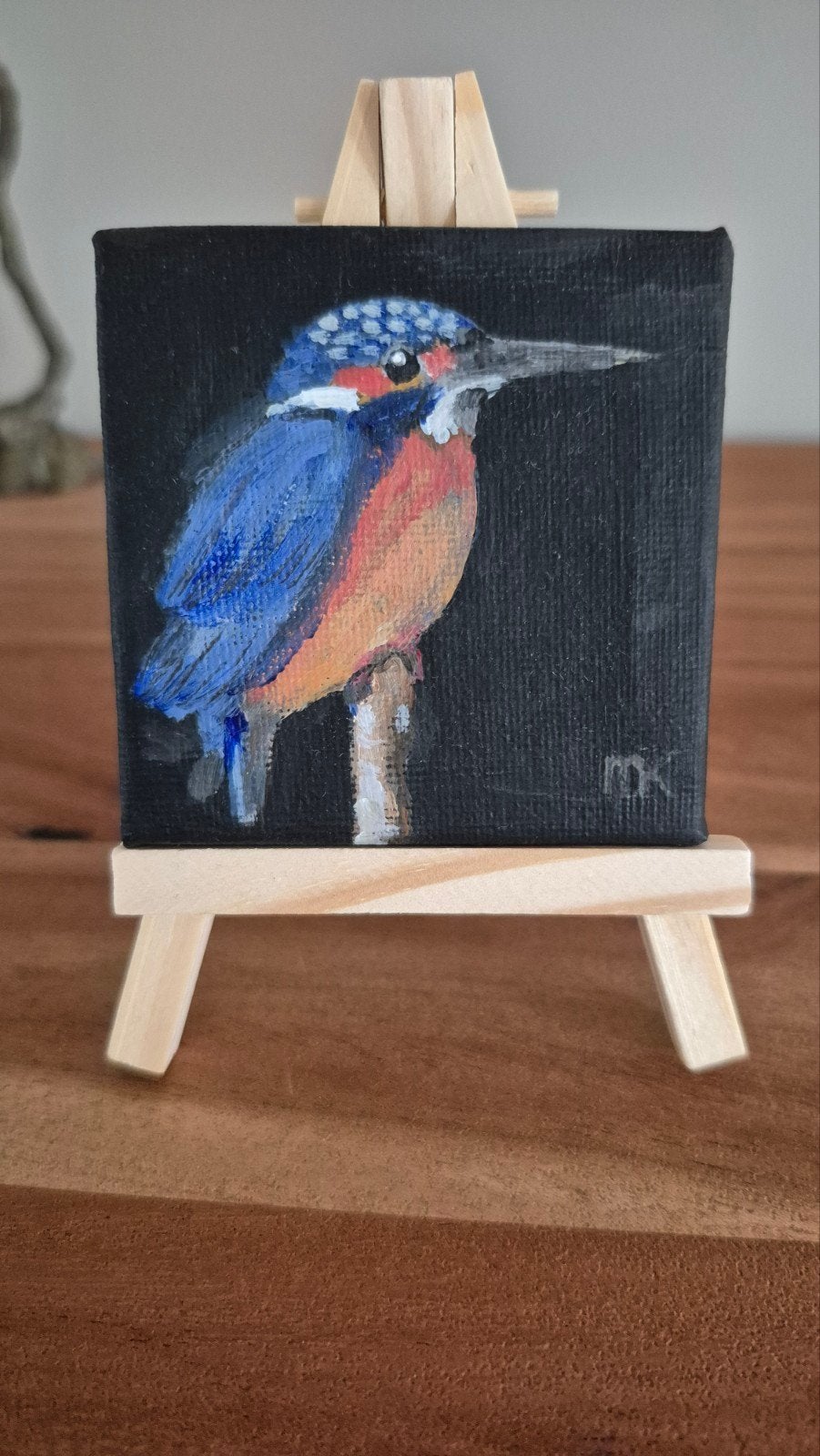 Mini ijsvogel schilderijtje op ezeltje - gesigneerd, Ophalen, Gebruikt, Vogel, Overige typen