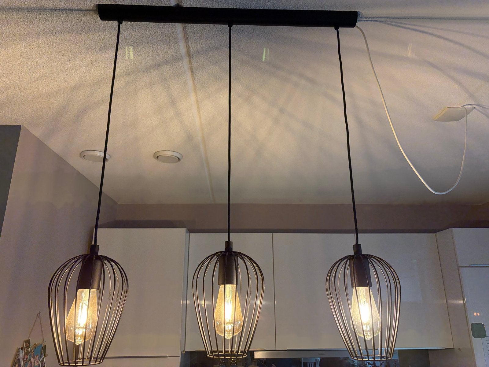 Moderne hanglamp met 3 kooilampen - Zwart metaal, Ophalen, Zo goed als nieuw, Metaal, E27 (groot)