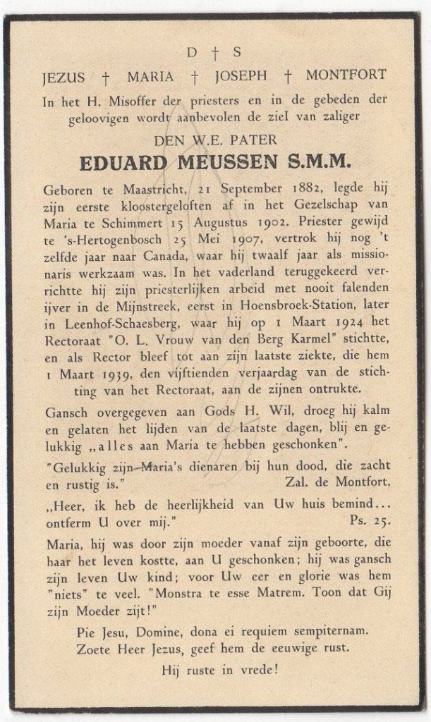 pater Eduard Meussen 1882 Maastricht + 1939 Schaesberg, Verzenden