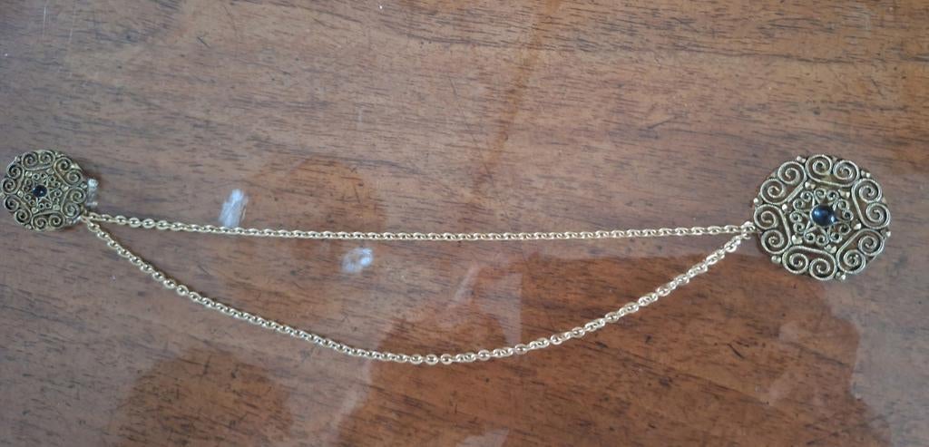 Vintage Gouden Broche met Ketting en Blauwe Steen, Overige materialen, Ophalen of Verzenden, Zo goed als nieuw, Met edelsteen