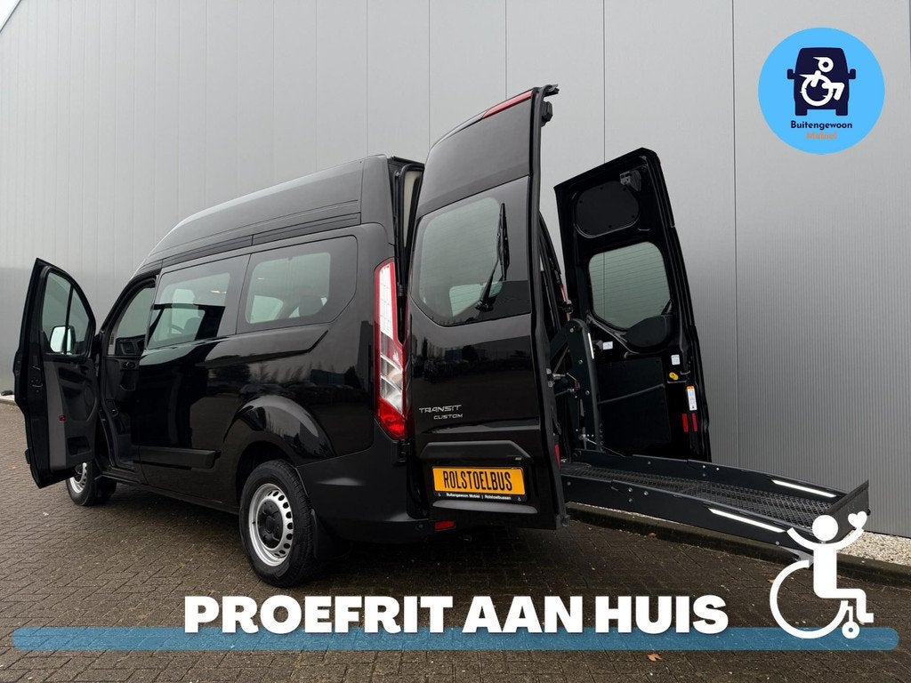 Ford Transit Custom Rolstoelbus 2021 Automaat Airco Meerijde, Auto's, Bestelauto's, Stof, Zwart, 4 cilinders, Lichtsensor