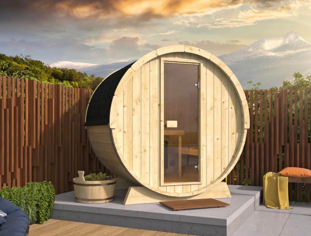 Actie!! Barrel Sauna 160cm incl Kachel. Compleet, Ophalen, Zo goed als nieuw, Complete sauna