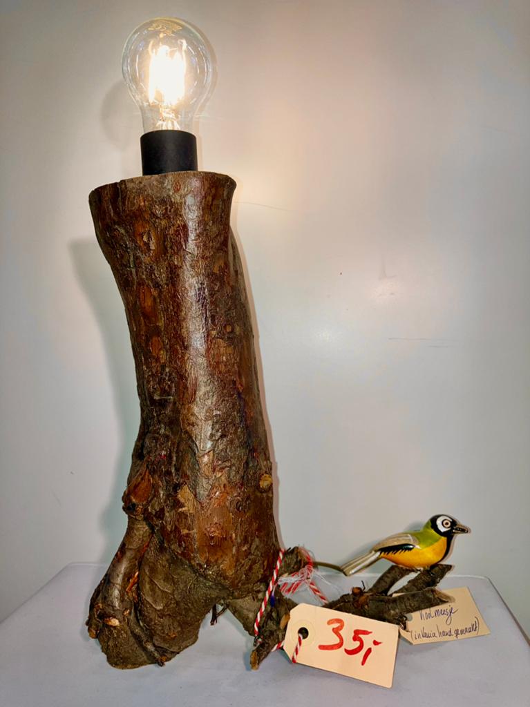 Boomstamlamp met wortels en koolmeesje!, Ophalen of Verzenden, Nieuw, Hout