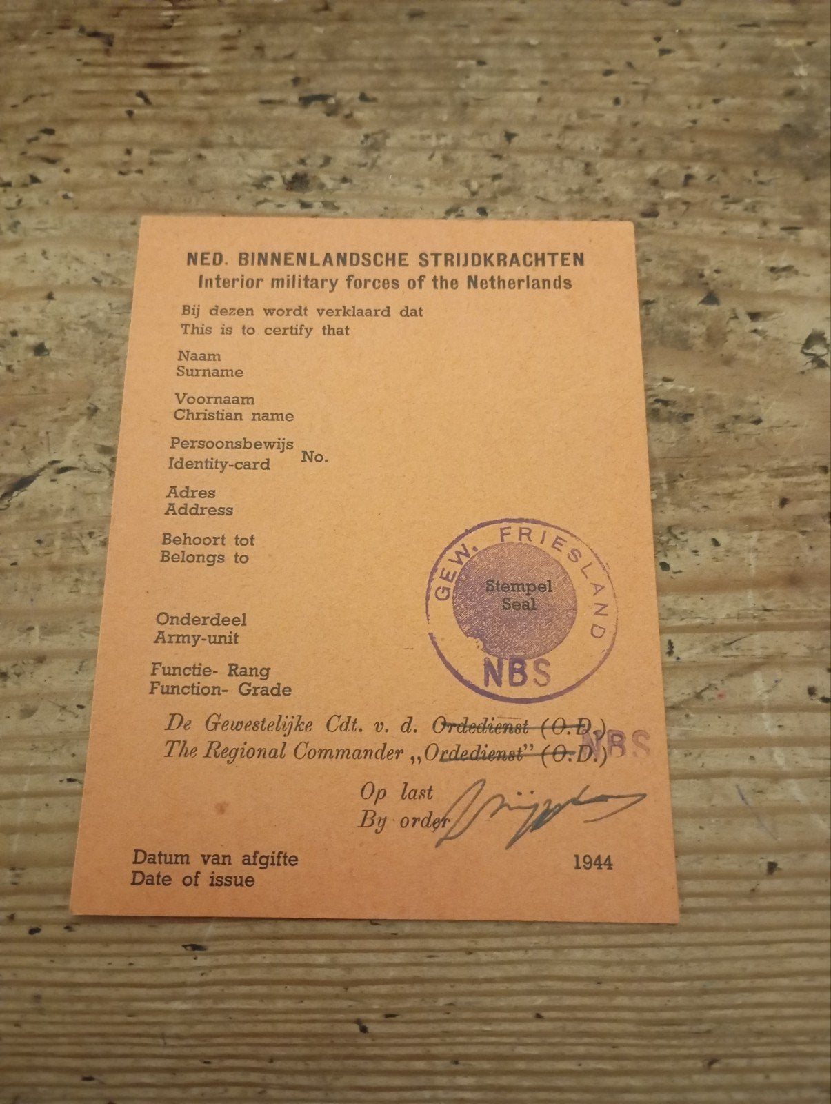 Vintage NBD Ned Binnenlandse Strijdkrachten 1944, Verzamelen, Ophalen of Verzenden, Nederland
