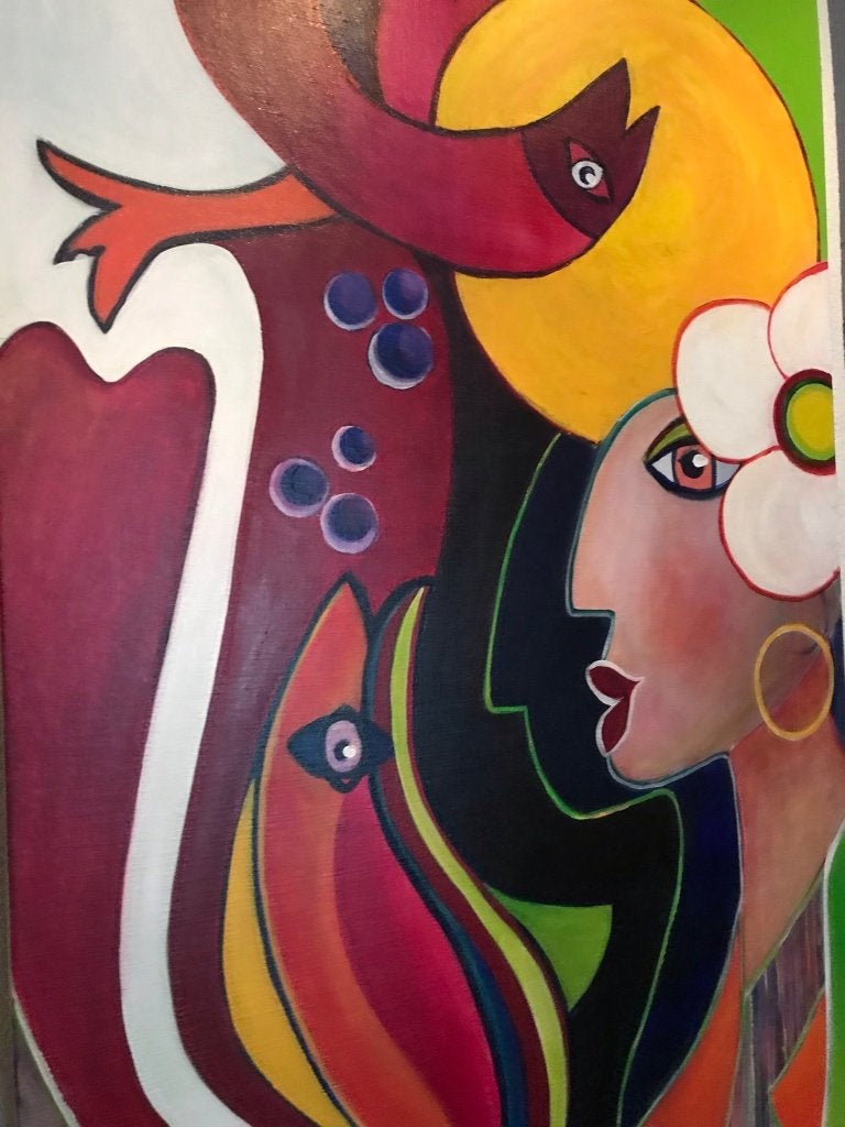 Schilderij olieverf - Vrouw Kat Maan  - B 75cm x H 200cm, Ophalen, Abstract, Olieverf, Gelakt/vernis