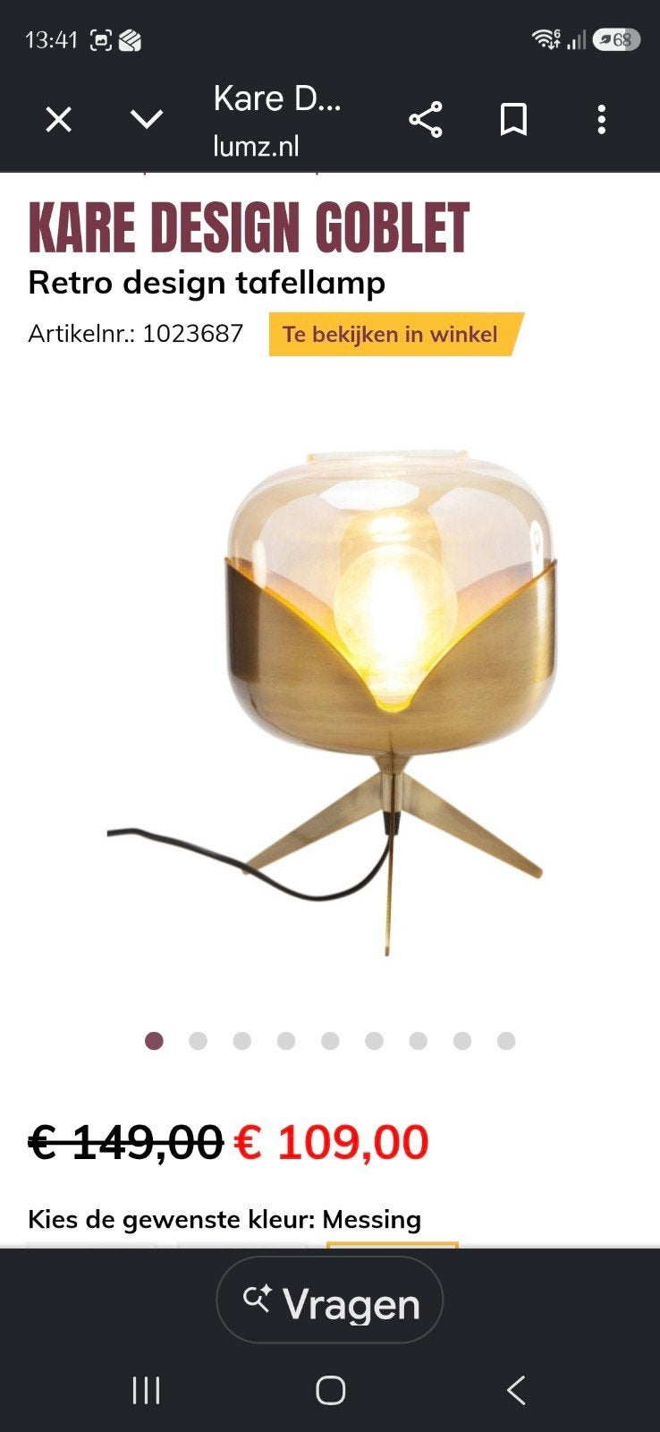Kare Design Goblet Retro Tafellamp - Messing/Chroom, Ophalen, Goud, E27 (groot), Glas