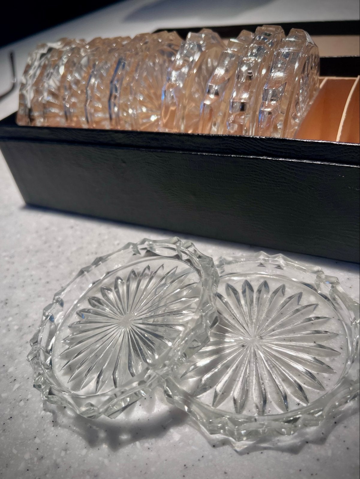 Vintage Glazen Onderzetters Jaren '60 in Originele Doos, Glasonderzetter, Ophalen of Verzenden, Zo goed als nieuw, Met opbergdoos