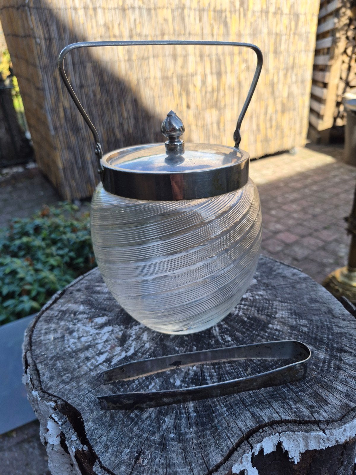 Antieke suikerpot met tang - Glas en verzilverd, Ophalen of Verzenden