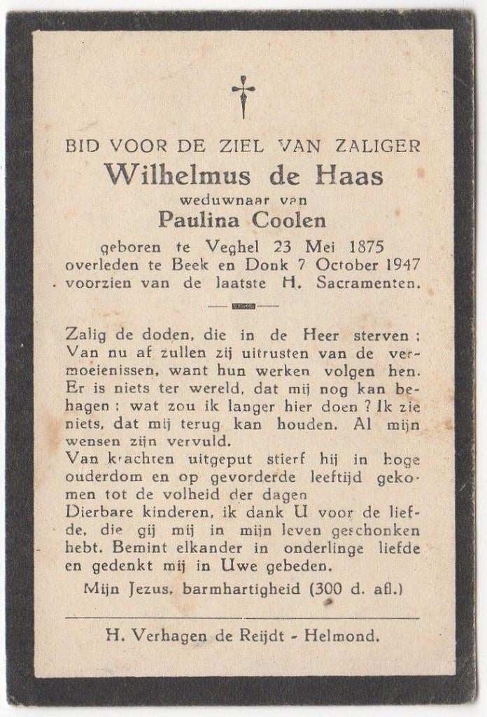 Wilhelmus de Haas 1875 Veghel + 1947 Beek en Donk, 72 jaar, Verzenden