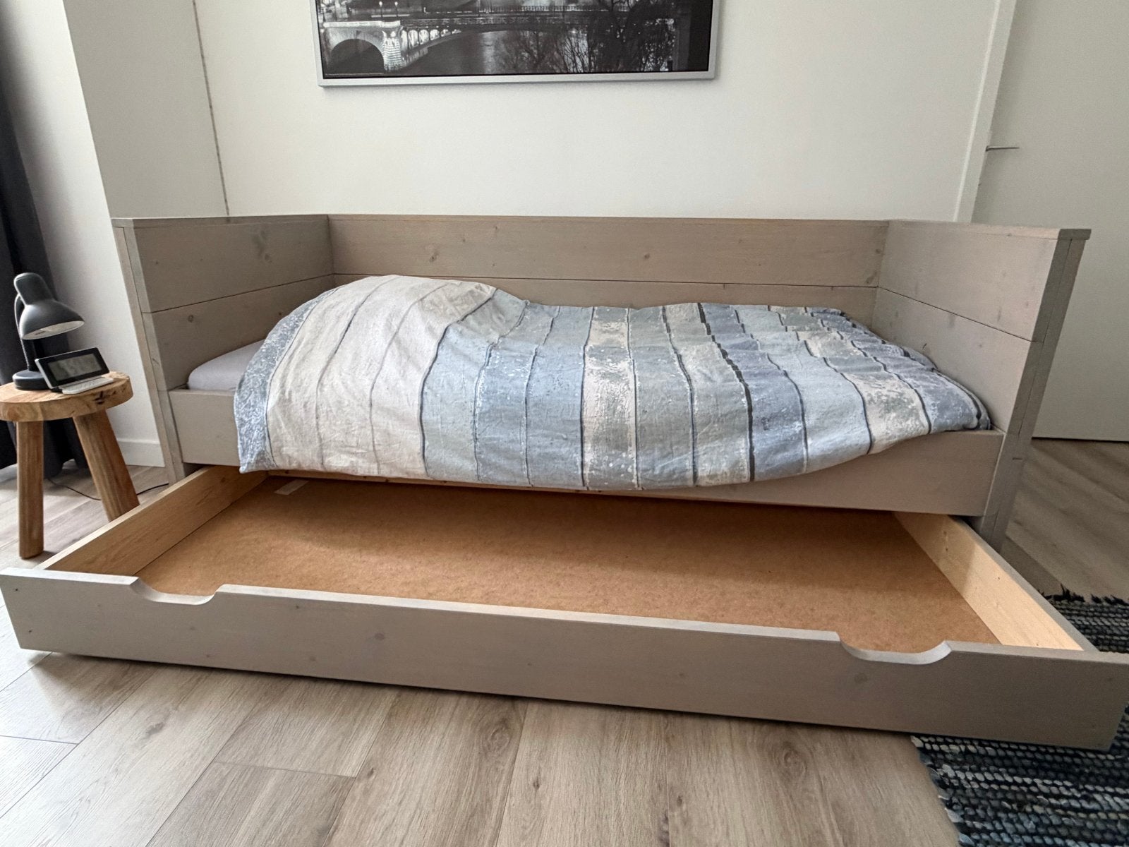 Stoer 1-persoonsbed steigerhout met opberglade, Ophalen, Eenpersoons, Steigerhout, 200 cm