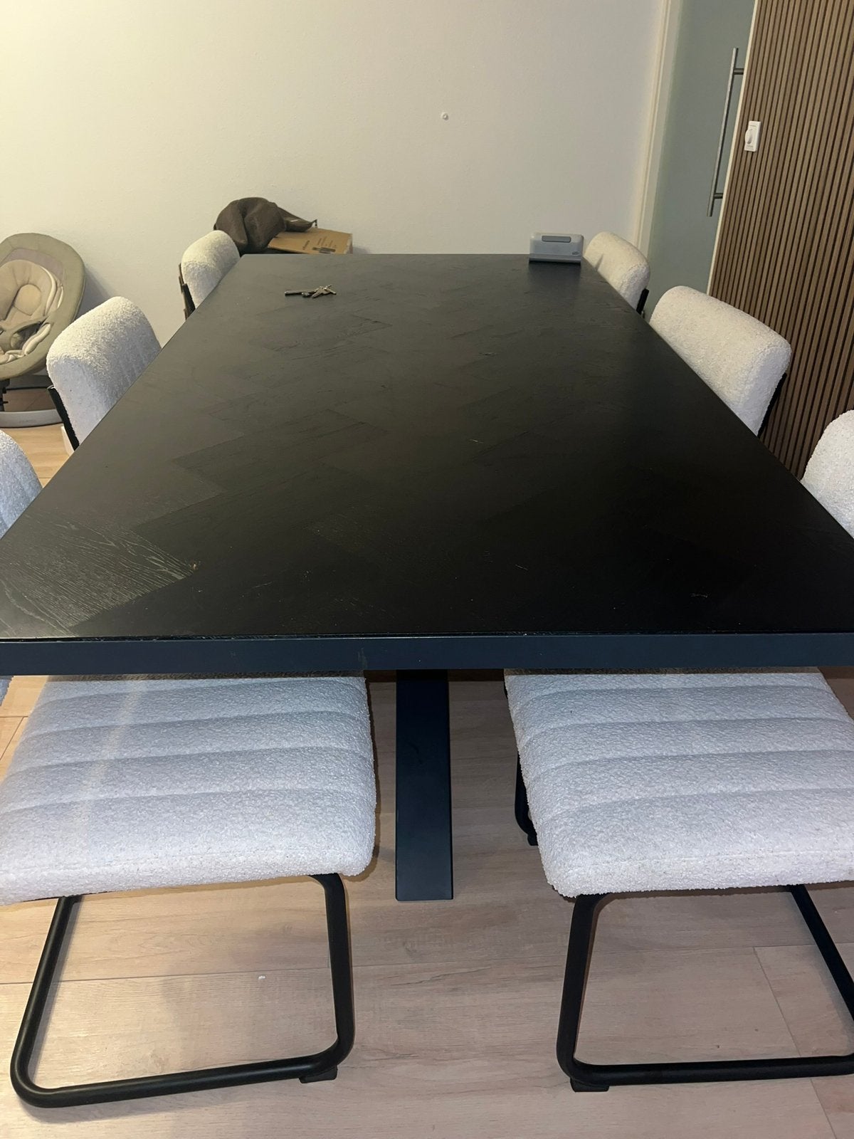 Eettafel mangohout met metalen onderstel, Ophalen, 200 cm of meer, 50 tot 100 cm, Zo goed als nieuw