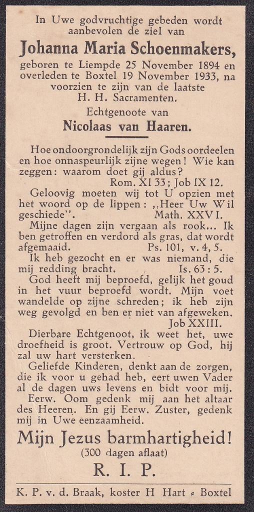 Schoenmakers Johanna 1894 Liempde 1933 Boxtel, Ophalen of Verzenden, Bidprentje