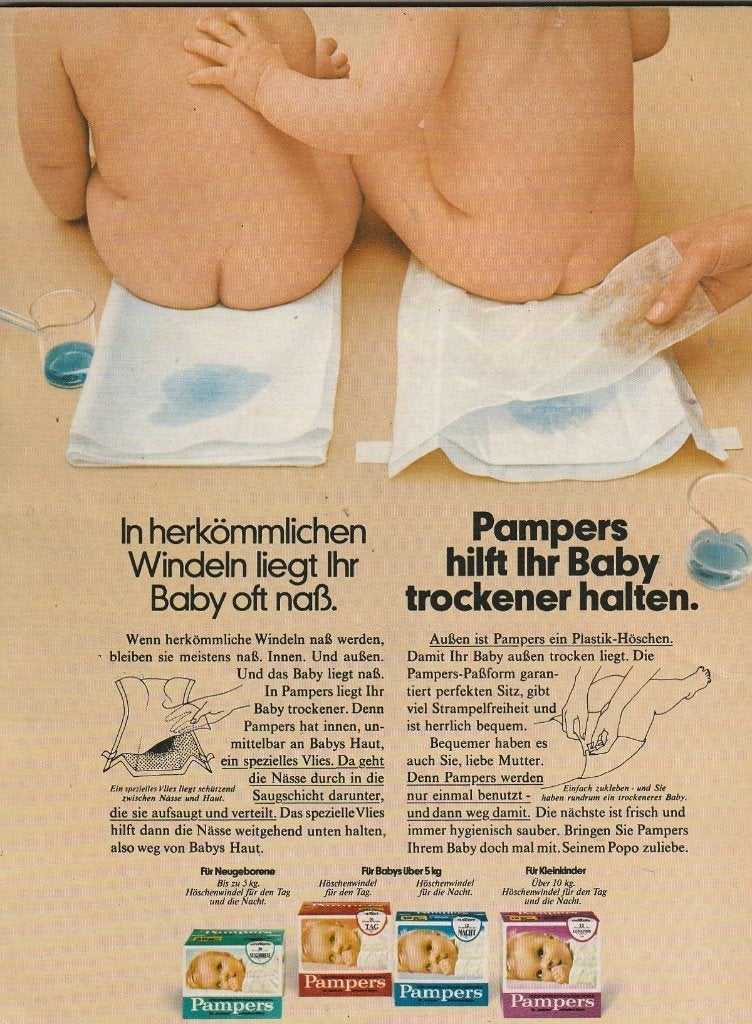 retro reclame 1976 Pampers baby luiers nu 4 soorten, Verzenden, Overige typen