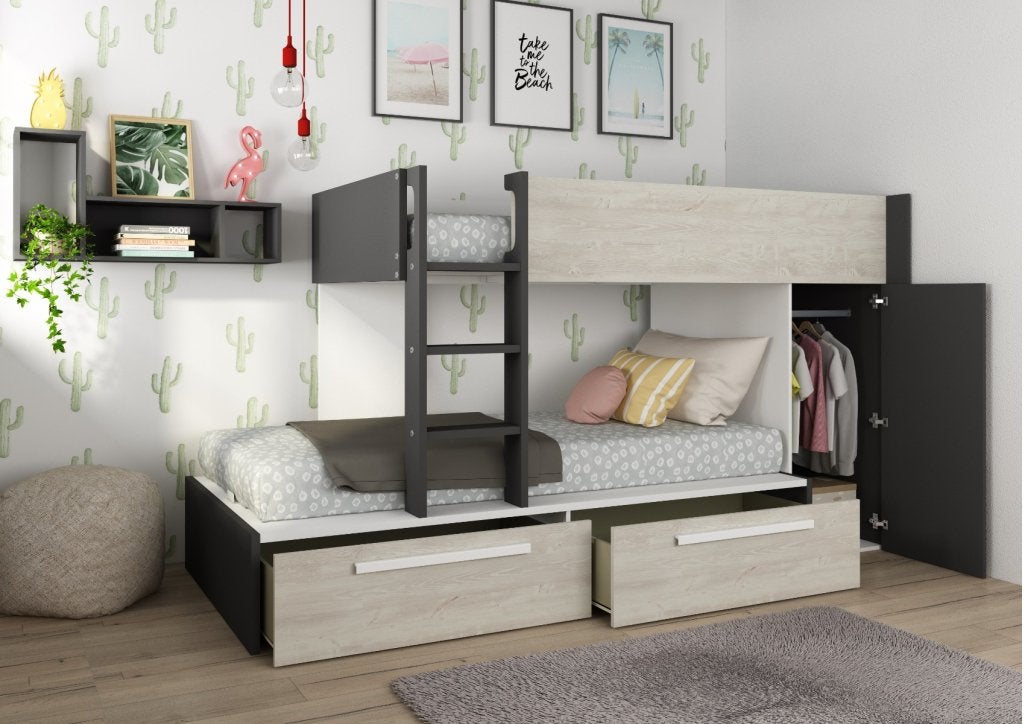 Jules stapelbed met kast en lades - 90x200 - Antraciet, Niet ingevuld, Niet ingevuld, Niet ingevuld