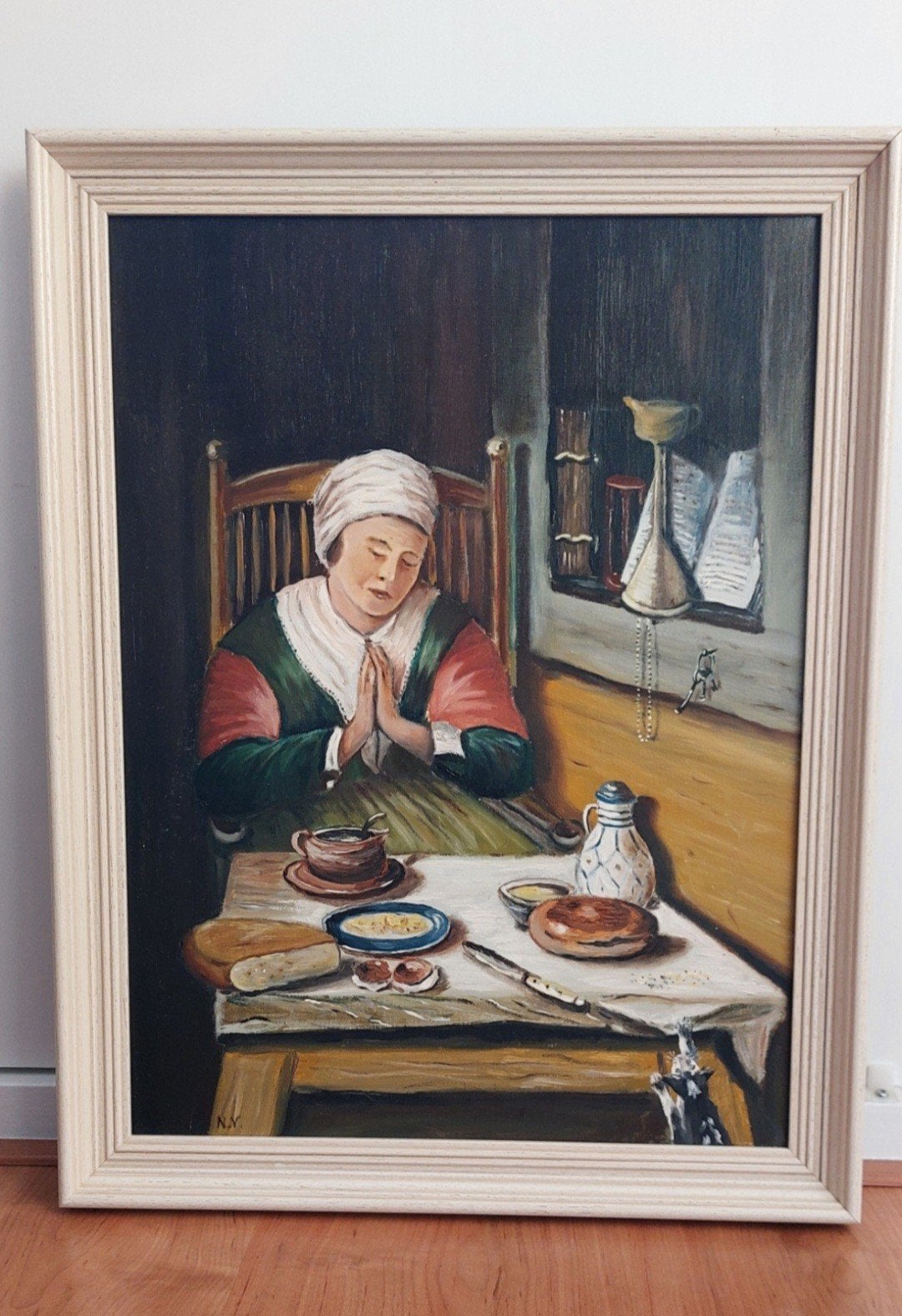 Olieverfschilderij: Biddende vrouw aan tafel,, Antiek en Kunst, Ophalen, Doek, Portret of Personen, Gesigneerd