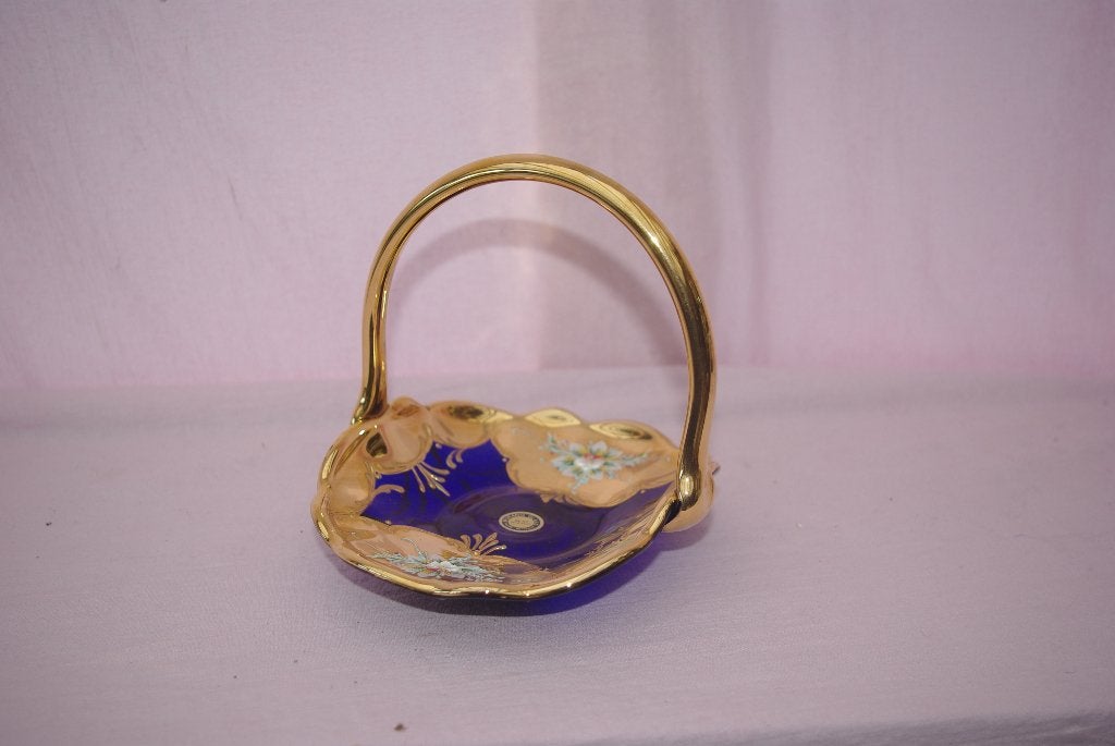 Kobaltblauw  Mandje / asbak / vaasje met Gouden decoratie, Ophalen of Verzenden