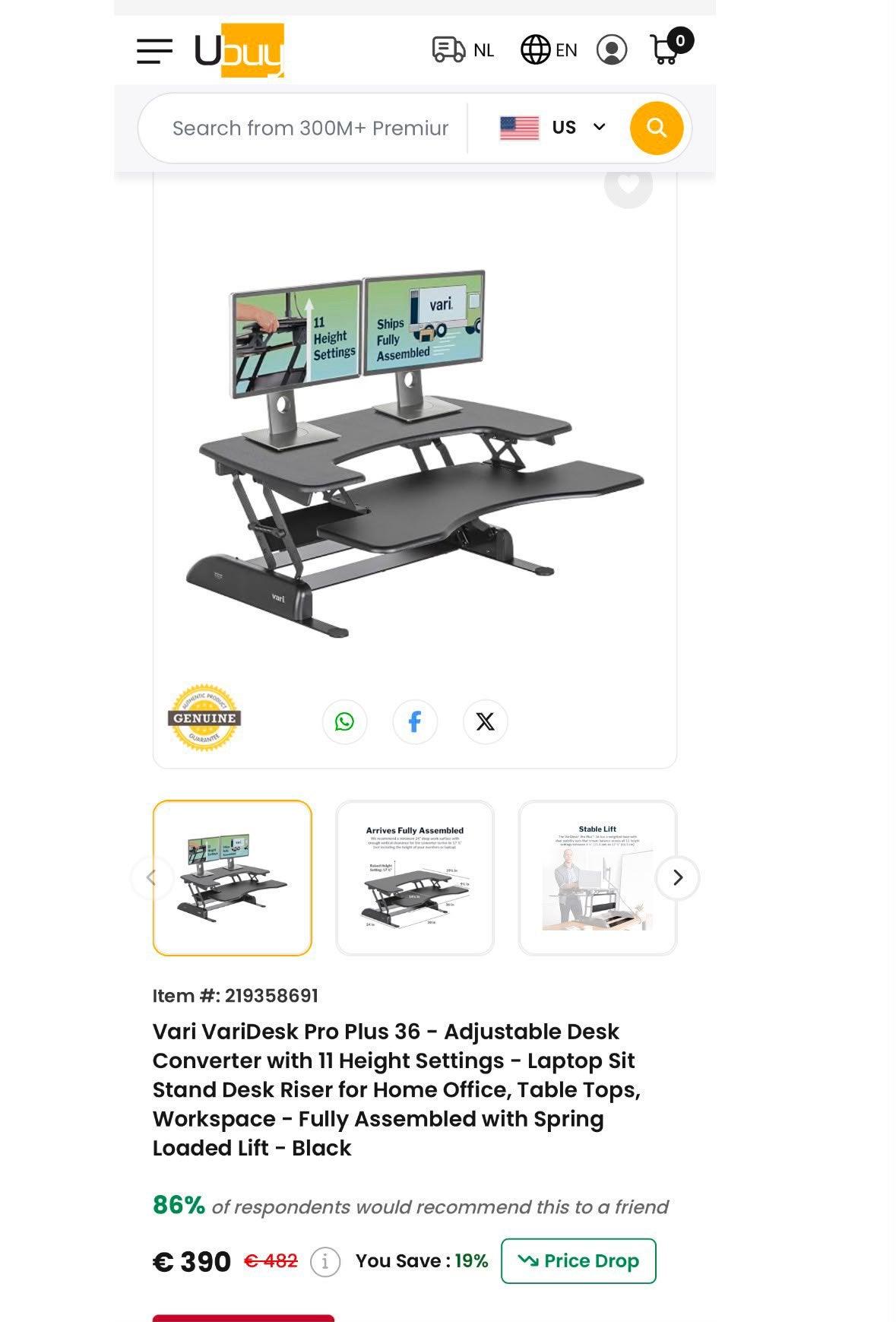 Foto 3 van Standing desk/Bureau attachment. VariDesk ProPlus 36.