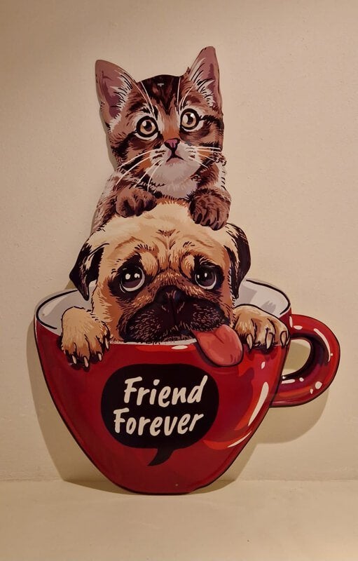 Wandbord, kitten, pug, mops, metaal, friends, cat, Ophalen of Verzenden, Nieuw, Metaal, Decoratieobject