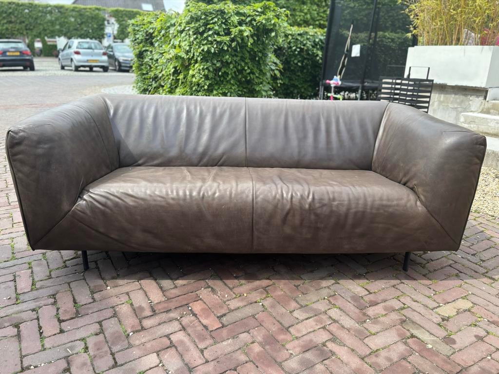 Strakke Bruine Leren Bank van Label van den Berg, Ophalen, Gebruikt, Stoer Industrieel, 150 tot 200 cm