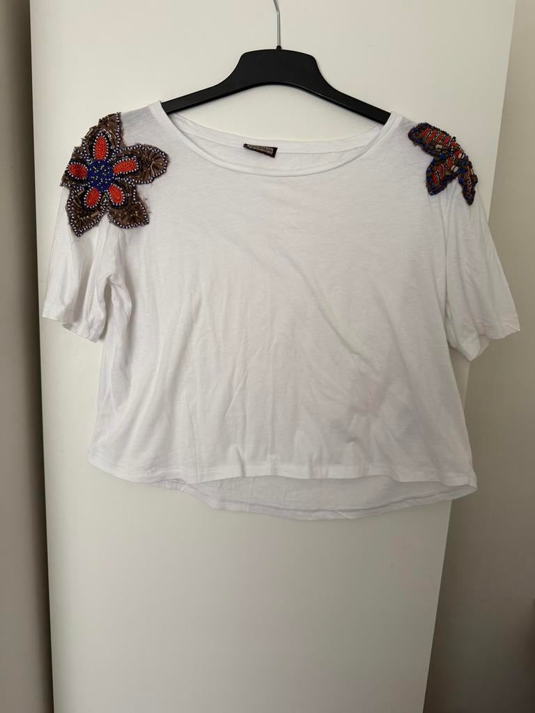 Maliparmi wit T-shirt met geborduurde bloemen, Kleding | Dames, Wit, Ophalen of Verzenden, Zo goed als nieuw, Korte mouw