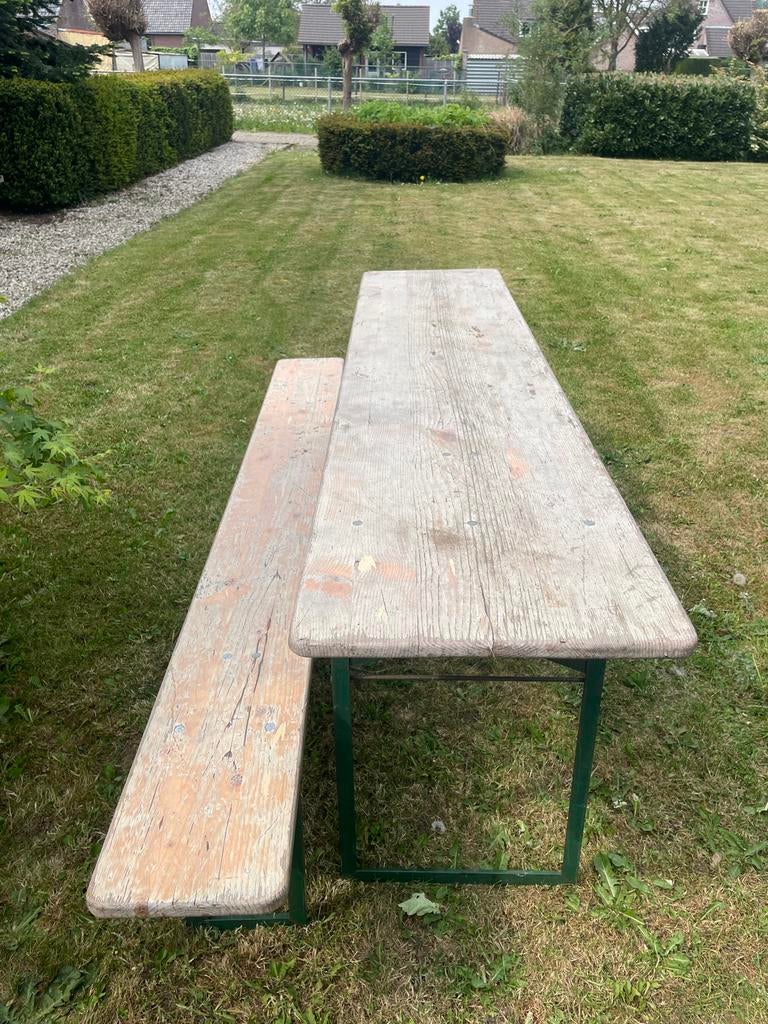 Bierbank en biertafel set - Hout en metaal, Tuin en Terras, Ophalen, Gebruikt, Rechthoekig, Hout