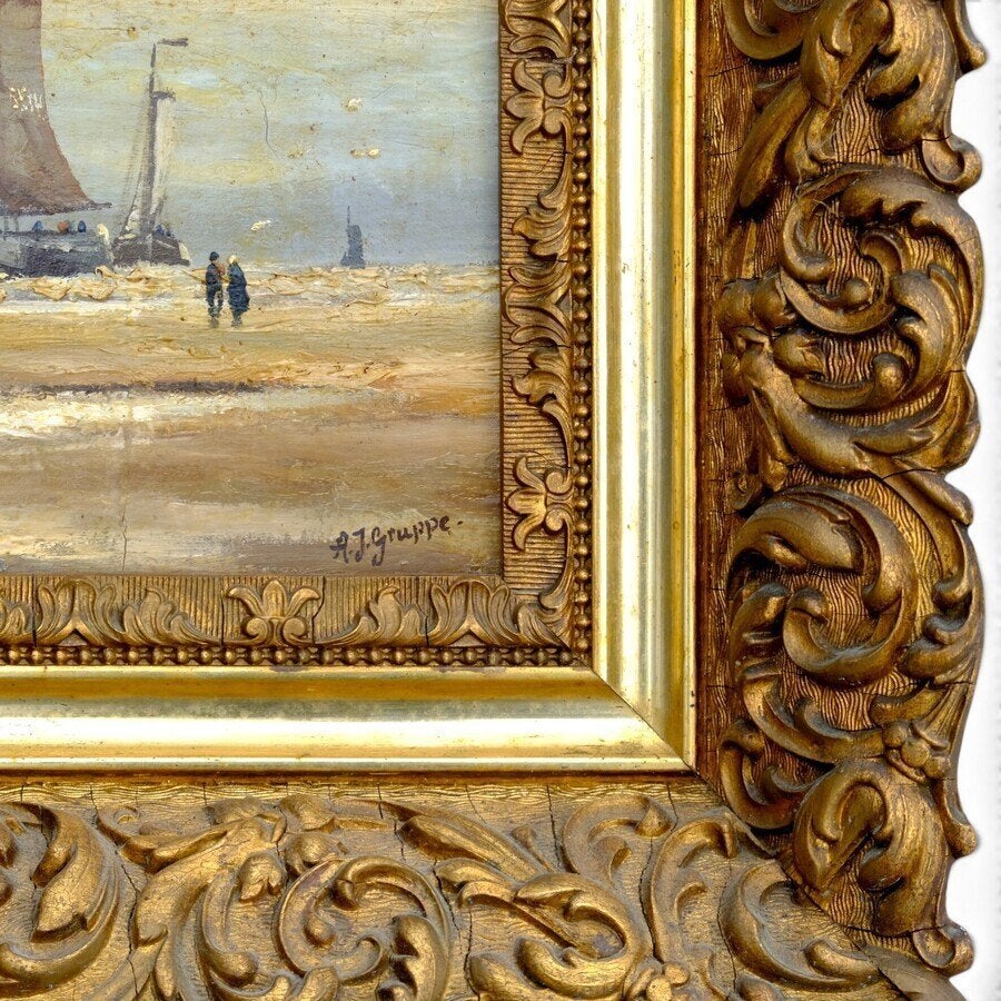 A.J. Gruppe (20e eeuw) - Bomschuiten op het strand, Ophalen of Verzenden