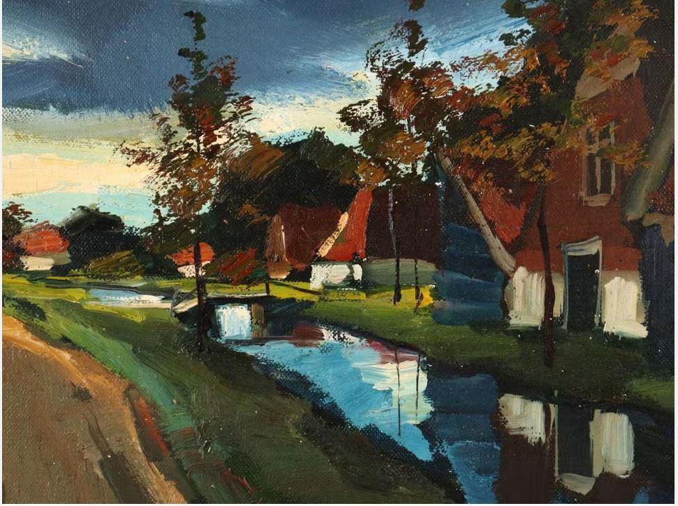 Toon Koster (1913) Olieverf Board "Dorp aan 2 Rivieren " Ges, Ophalen of Verzenden