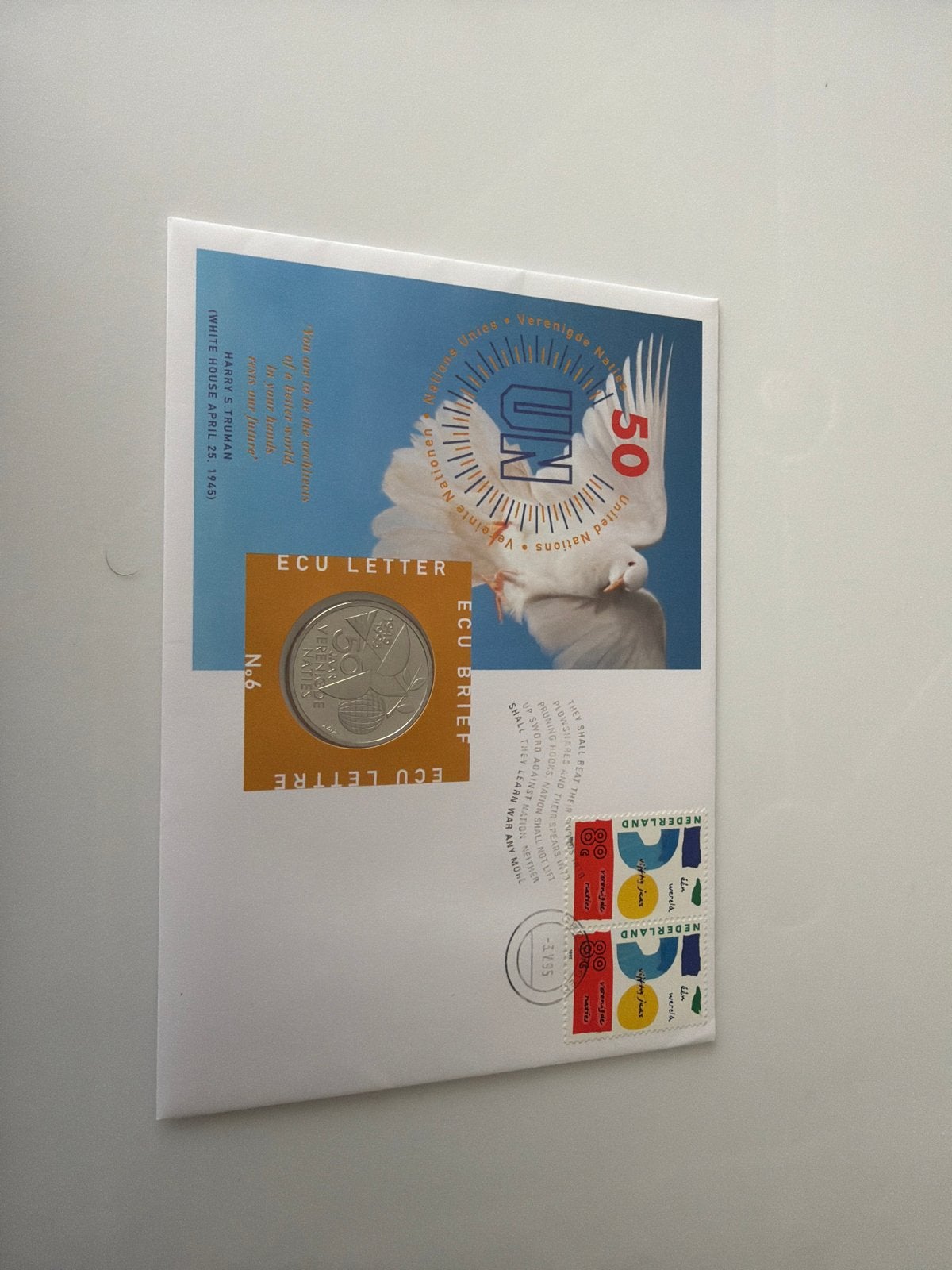 ECU Letter met VN 50 jaar postzegels en munt, Verzenden
