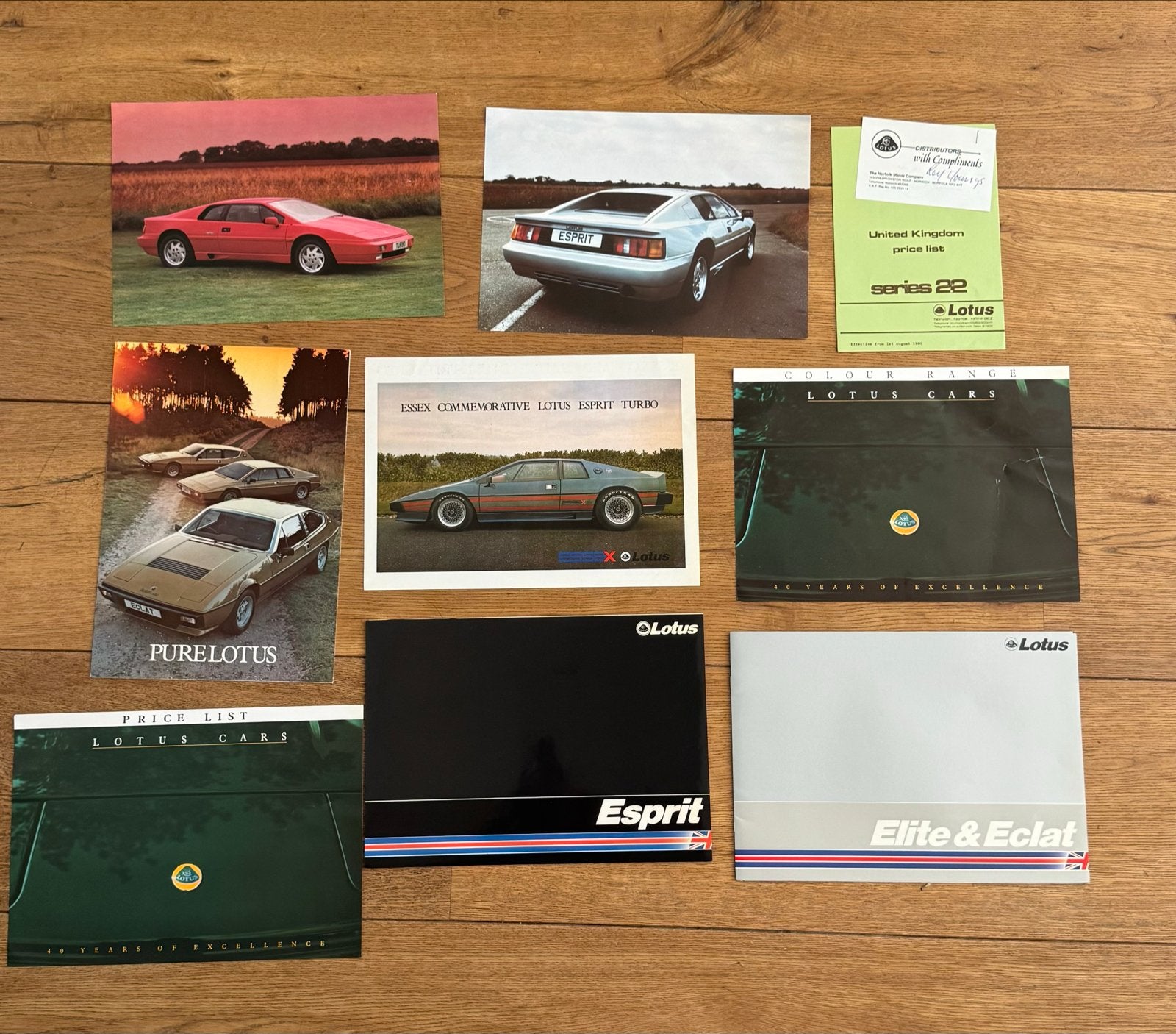 Lotus Esprit Elite Eclat brochures rond 1980, Ophalen of Verzenden, Gelezen, Overige merken