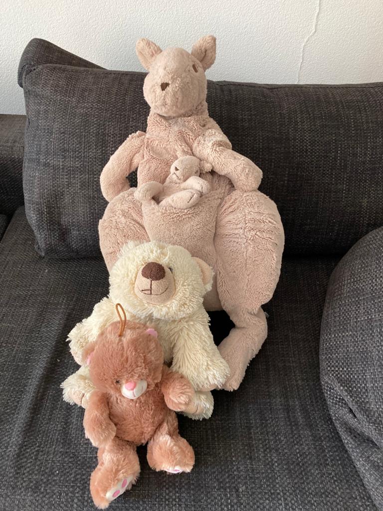 Knuffel set: Kangoeroe met baby en twee beren, Kinderen en Baby's, Speelgoed | Knuffels en Pluche, Ophalen, Beer, Zo goed als nieuw