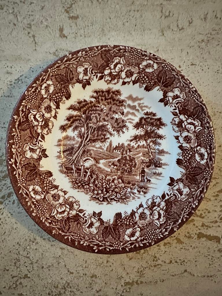 6 Engels Staffordshire “Windsor” borden bruin transferware, Antiek en Kunst, Ophalen