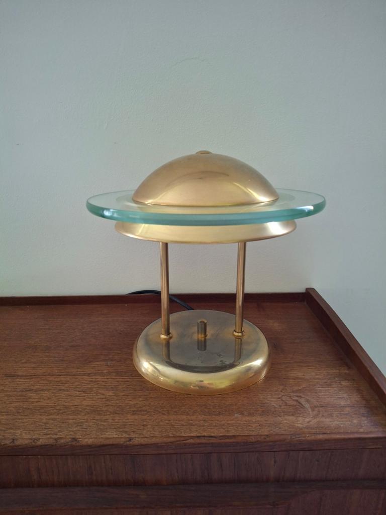 Vintage Tafellamp Messing en Glas - Jaren '70 Design, Huis en Inrichting, Gebruikt, Ophalen of Verzenden, Glas, Vintage, Jaren '70, Mid-century modern