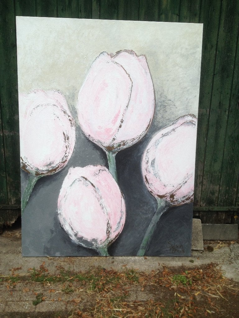 Schilderij moderne compositie 4 tulpen, afmeting giga groot., Olieverf, Bloemen, Textiel, Gesigneerd