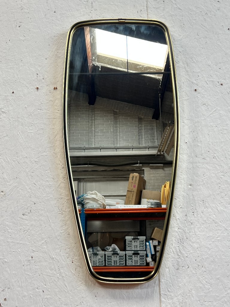 Vintage spiegel met messing gouden lijst, Antiek en Kunst, Ophalen of Verzenden, Overige vormen, Minder dan 50 cm, Minder dan 100 cm