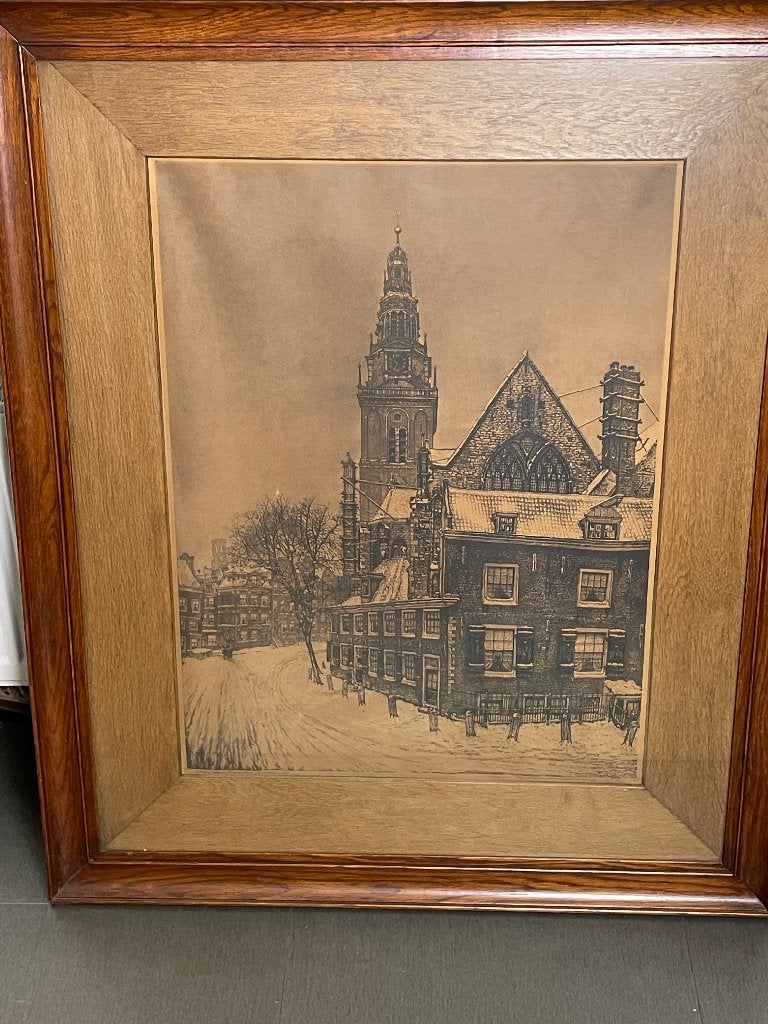 Cornelis Brandenburg – ets Oude kerk Amsterdam in de sneeuw, Antiek en Kunst, 53 cm, Ets, Stadsgezicht, Gesigneerd
