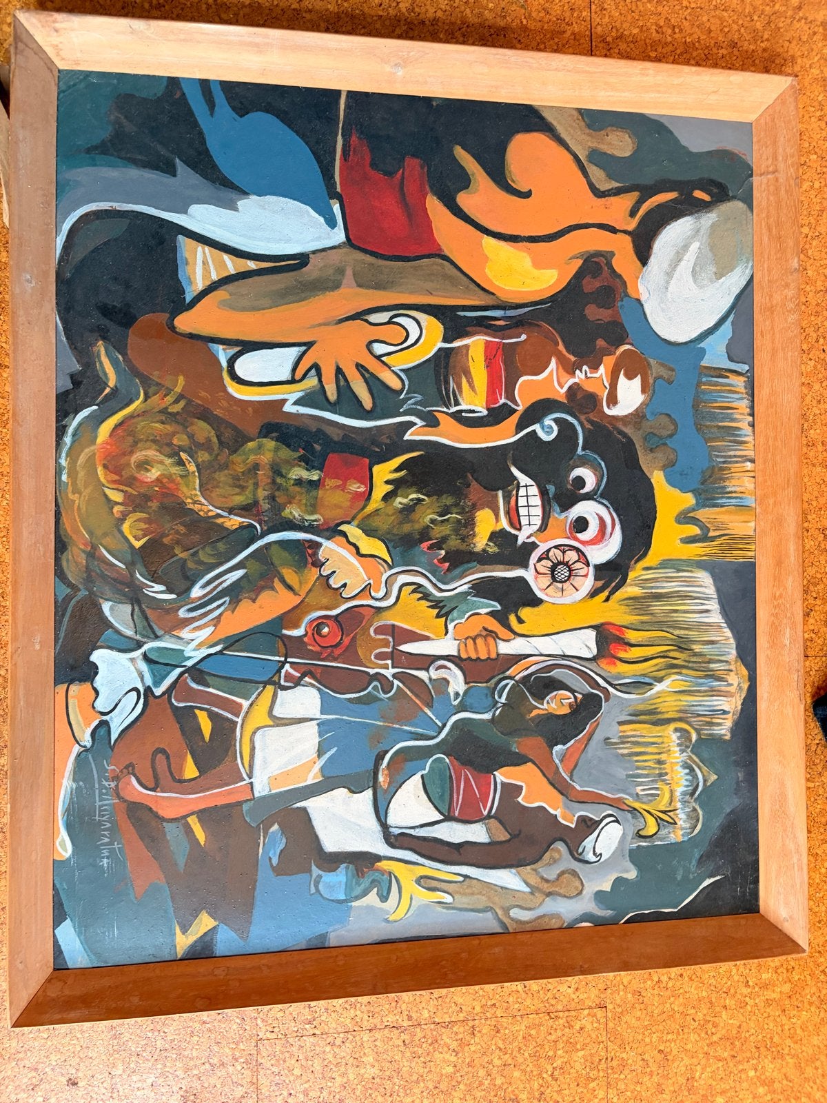 Modernistisch schilderij S.D. Ariyaratna, Sri Lanka, Figuren, Hout, Ophalen of Verzenden, Gesigneerd