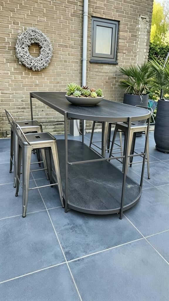 Unieke tafel! Hoge bartafel/ showroom tafel met twee bladen, Tuin en Terras, Ophalen, Gebruikt, Rechthoekig, Hout