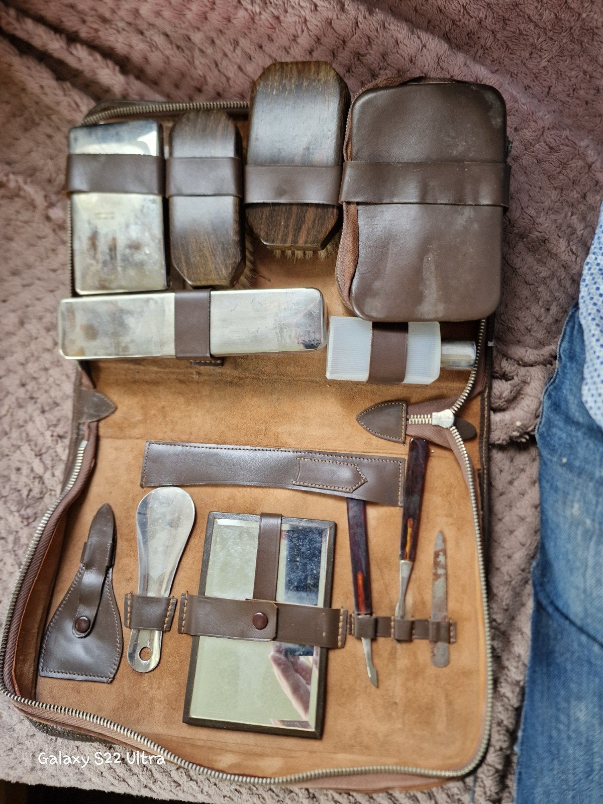 Vintage Reis Toiletset / Grooming Kit in Leren Etui, Antiek en Kunst, Ophalen of Verzenden