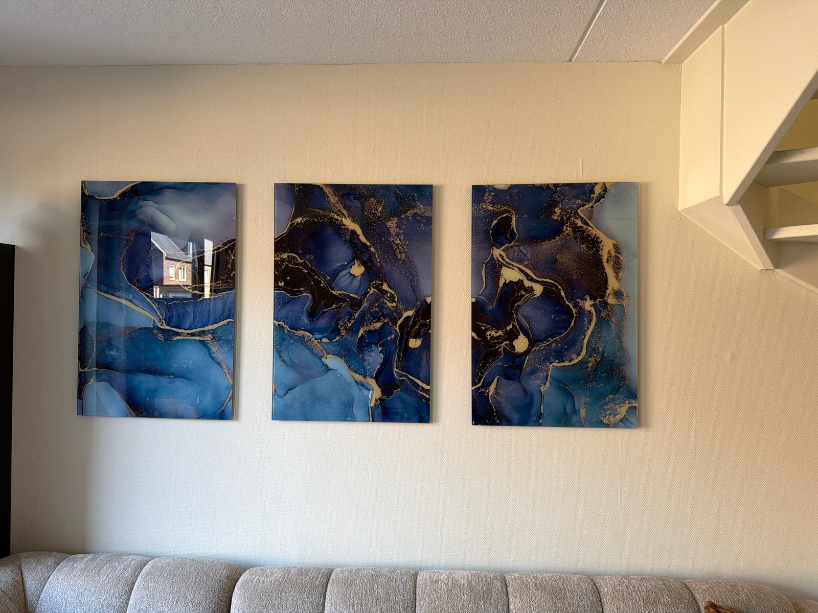Wallfield Schilderijen - Set van 3 Blauw/Goud Abstract, Ophalen of Verzenden