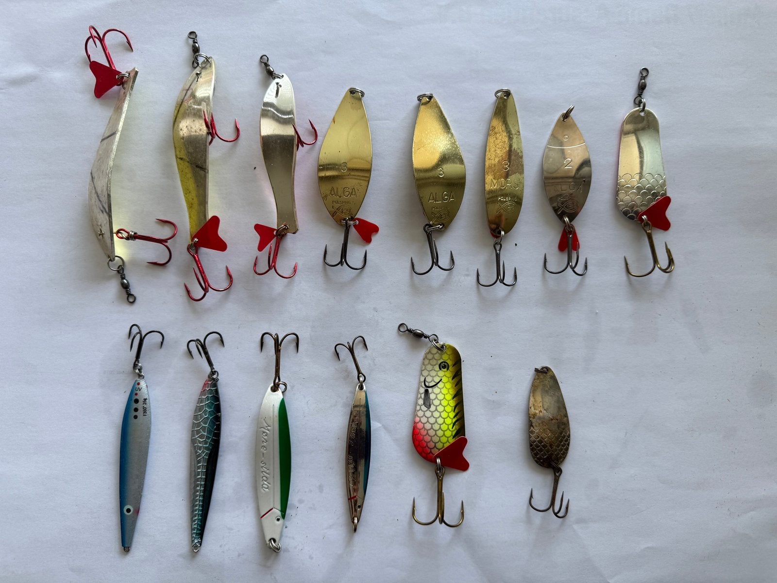 14x lepels kunstaas voor snoek Polsping Alga/Mors B53, Ophalen of Verzenden, Gebruikt, Haak