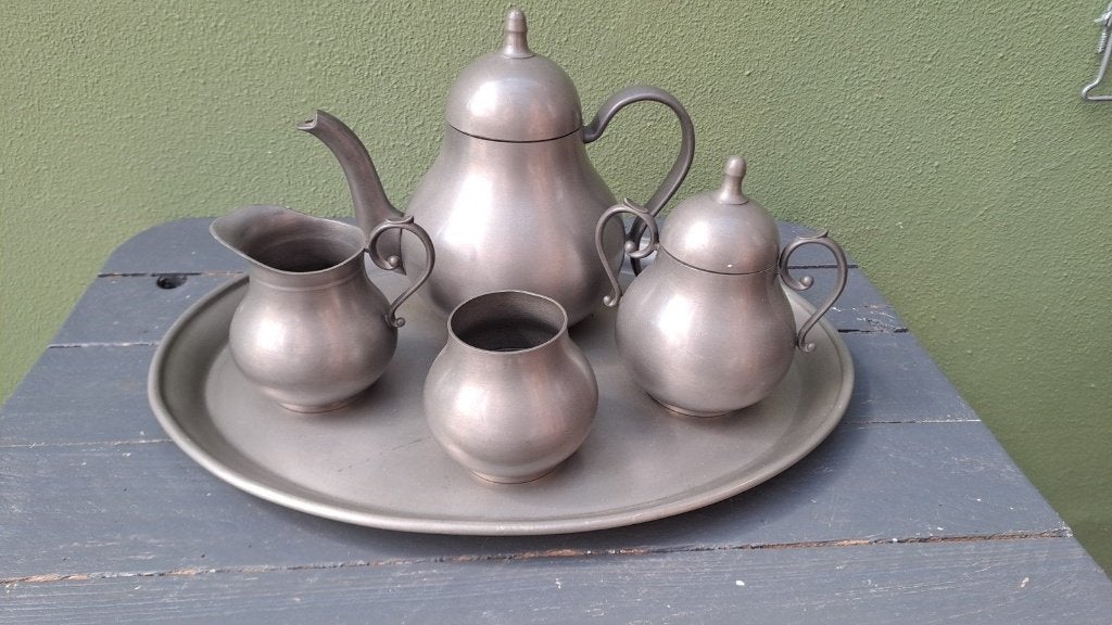 Prachtig 5-delig Vintage Tinnen Theeservies – G. Kurz Tiel, Antiek en Kunst, Ophalen of Verzenden