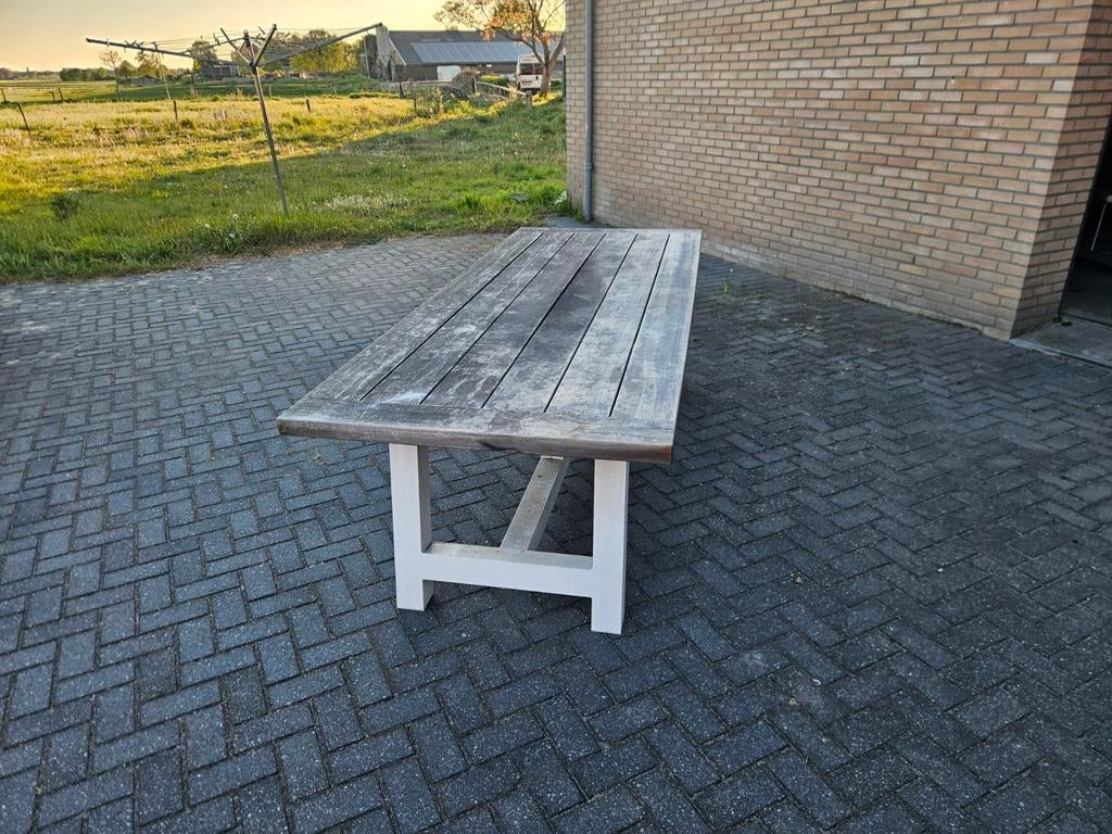 Bellagio robuuste houten tuintafel met wit onderstel, Ophalen of Verzenden, Gebruikt, Rechthoekig, Hout