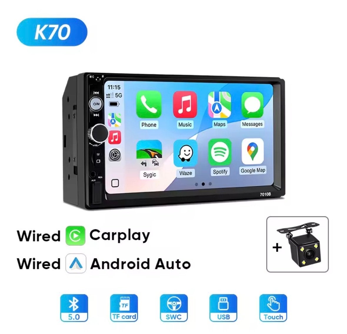 Ainavi K70 2 Din 7" Autoradio Carplay Android Auto + Camera, Ophalen of Verzenden, Nieuw