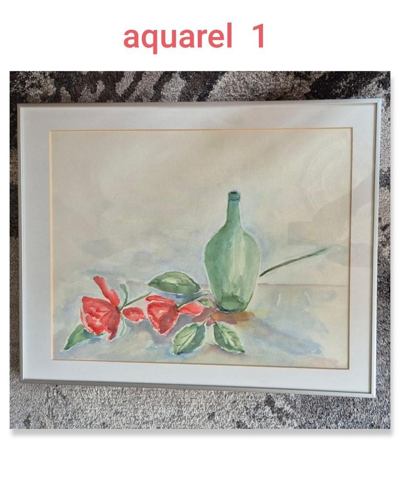 4 mooie aquarellen in zware aluminium frames, Ophalen