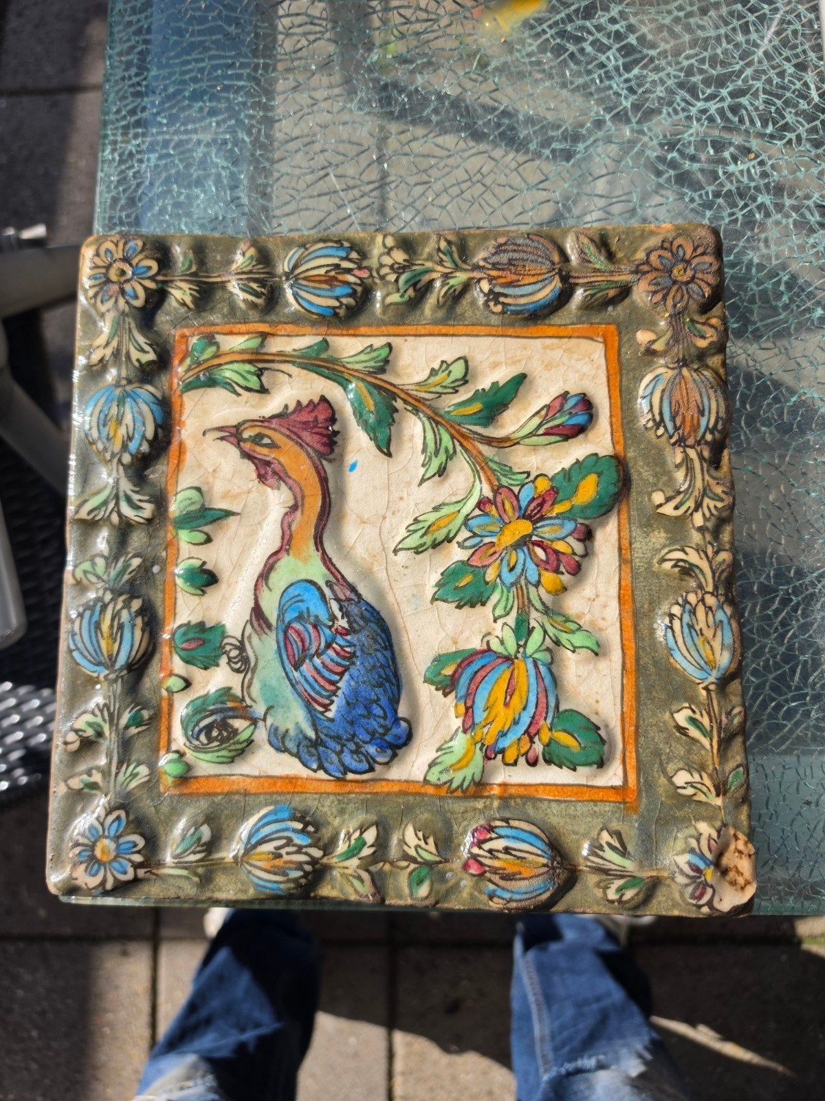 Decoratieve tegel met vogel en bloemenmotief, Ophalen of Verzenden
