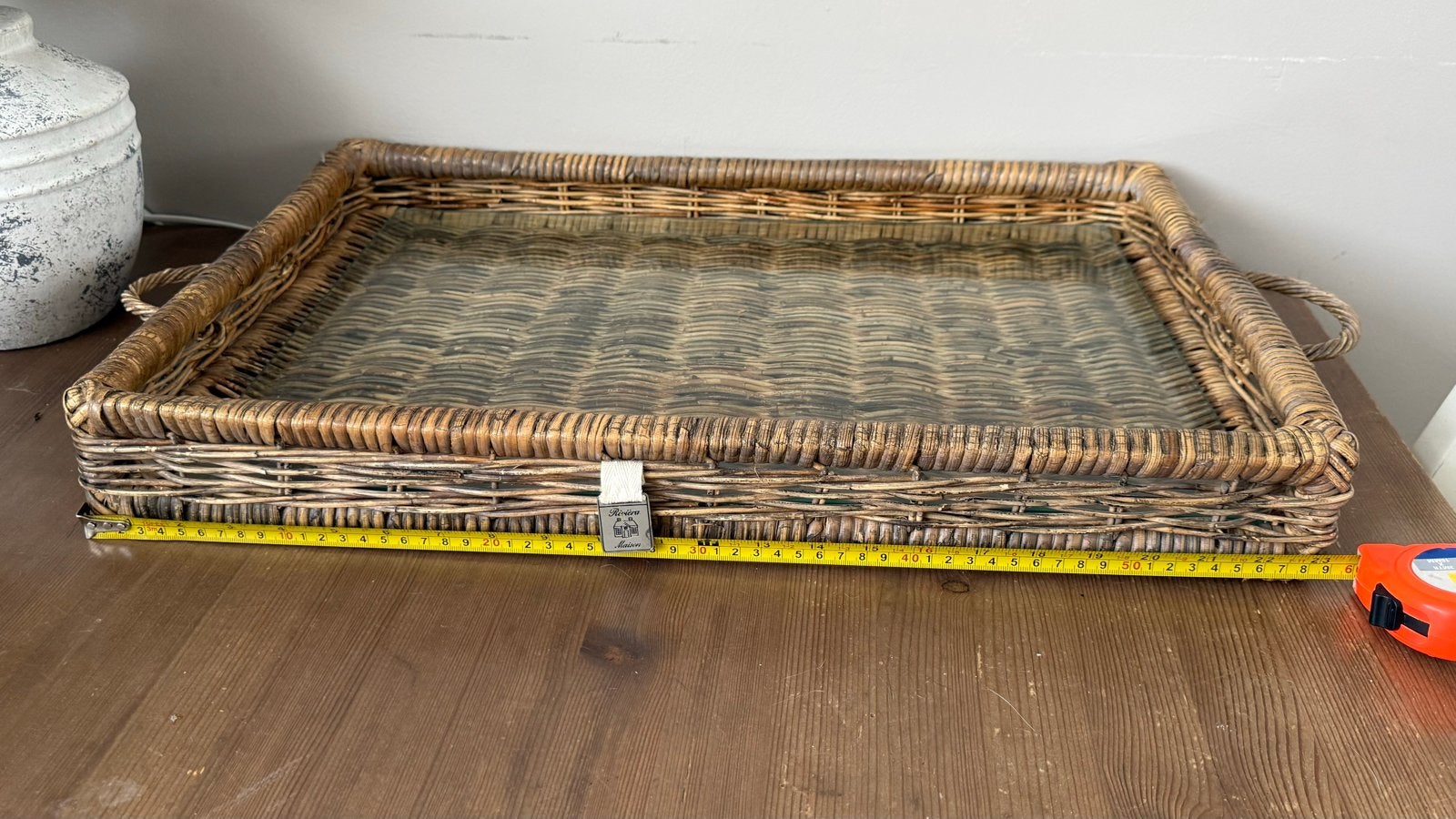 Rivièra Maison dienblad met glasplaat, Gebruikt, Natuurlijk materiaal, Ophalen of Verzenden, Dienblad