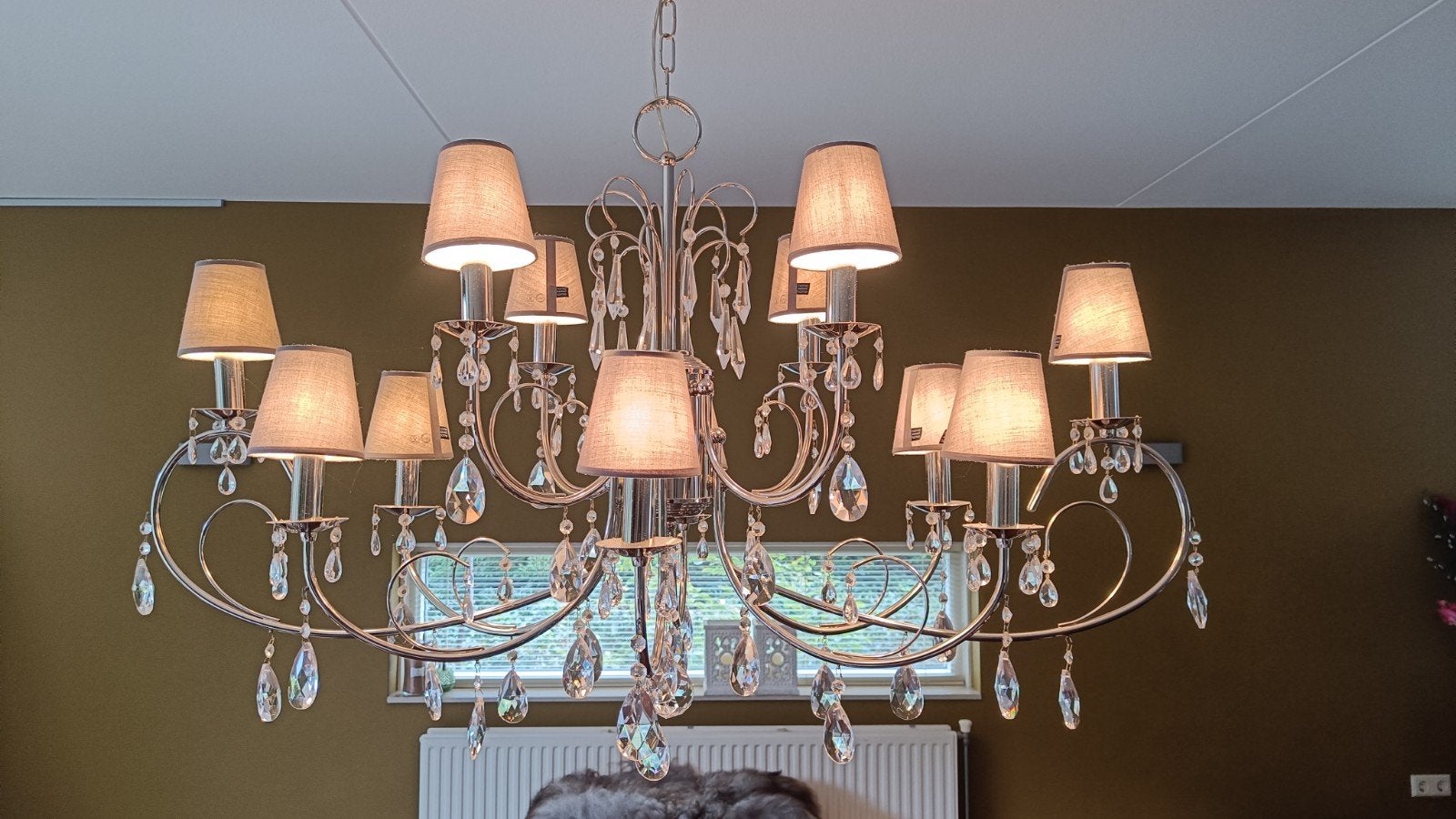 Grote kroonluchter met geslepen glazen pegels, Huis en Inrichting, Ophalen, Gebruikt, Glas, Klassiek, Modern, Chique