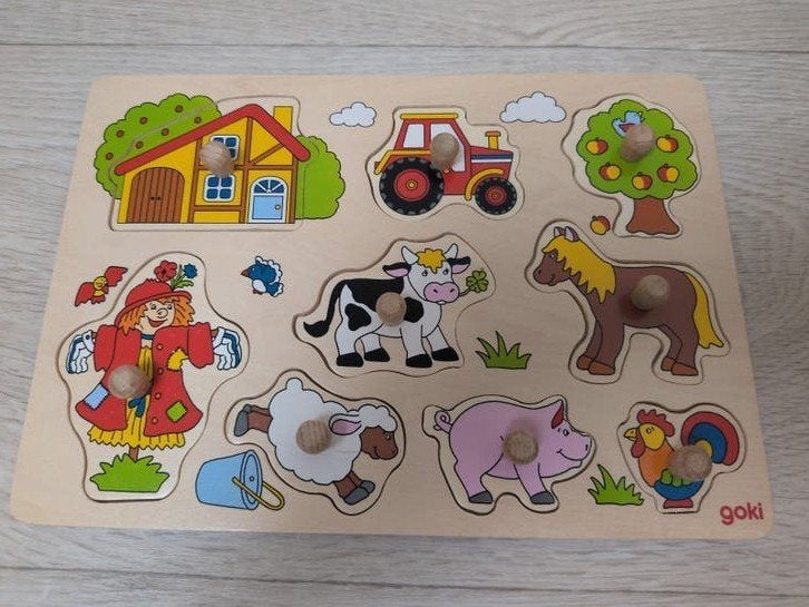 Goki Houten Boerderij Puzzel met Knoppen, Kinderen en Baby's, Speelgoed | Kinderpuzzels, Ophalen of Verzenden