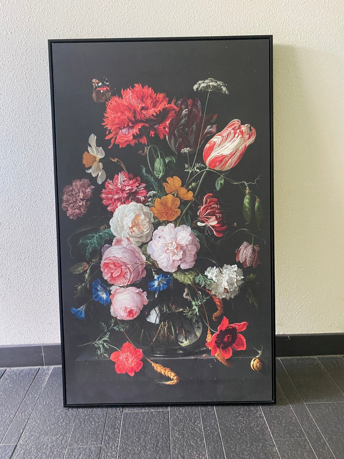 Groot schilderij/canvasbord bloemen, zwarte lijst - 70x118, Ophalen, Kunststof, Bloemen